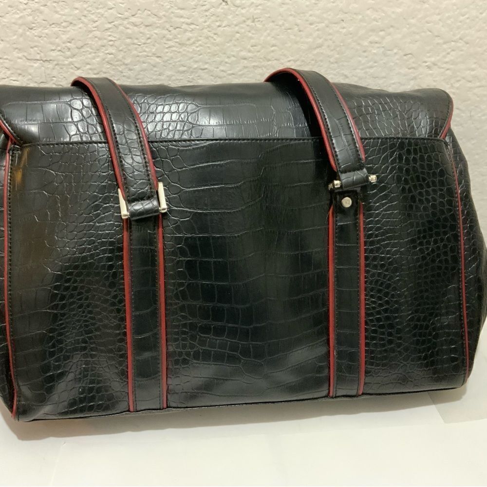 CHAPS Black Faux Leather Croc Black Tote Padded Laptop Bag Business Briefcase